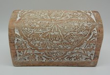 Hand Carved Whitewashed Wooden Jewelry Trinket Memory Box Chest Hinged Lid India