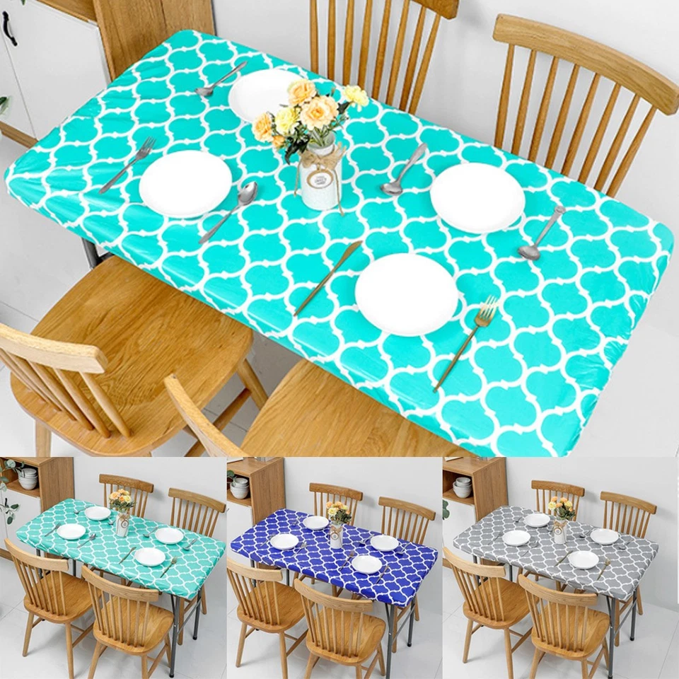 Rectangular Round Vinyl Tablecloth Fitted Elastic Table Cover Waterproof PVC . - Image 2 of 4