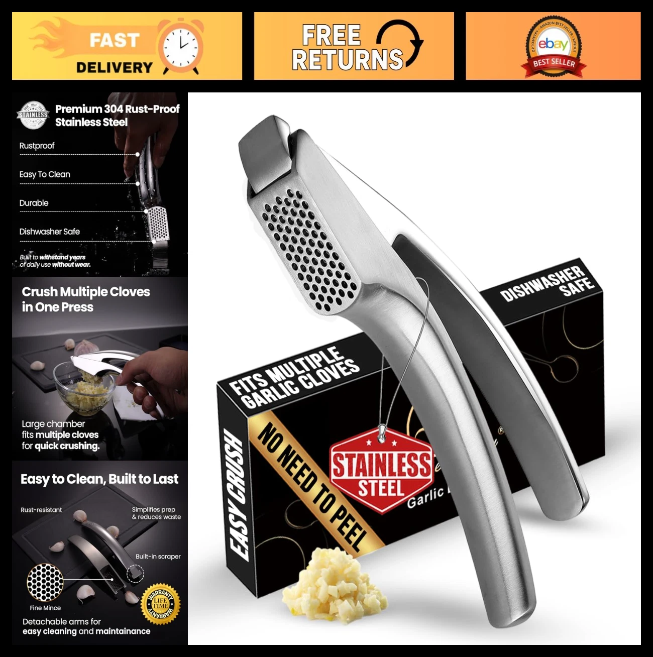 Stainless Steel Garlic Press with Detachable Handle - Rust-Proof, Easy Clean, Di