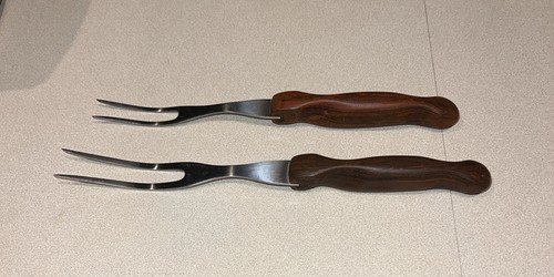 Vintage CUTCO #1026 #1027 Turning & Carving Forks Brown Swirl Handle USA