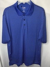 Mens L Climalite Adidas Golf Blue Preppy Short Sleeve Polo Striped Shirt