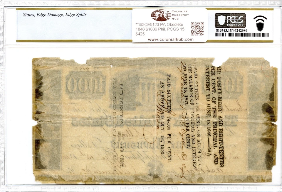 1840 $1000 Philadelphia, PA Obsolete Post Note Bank of United States PCGS F-15 - Image 2 of 2
