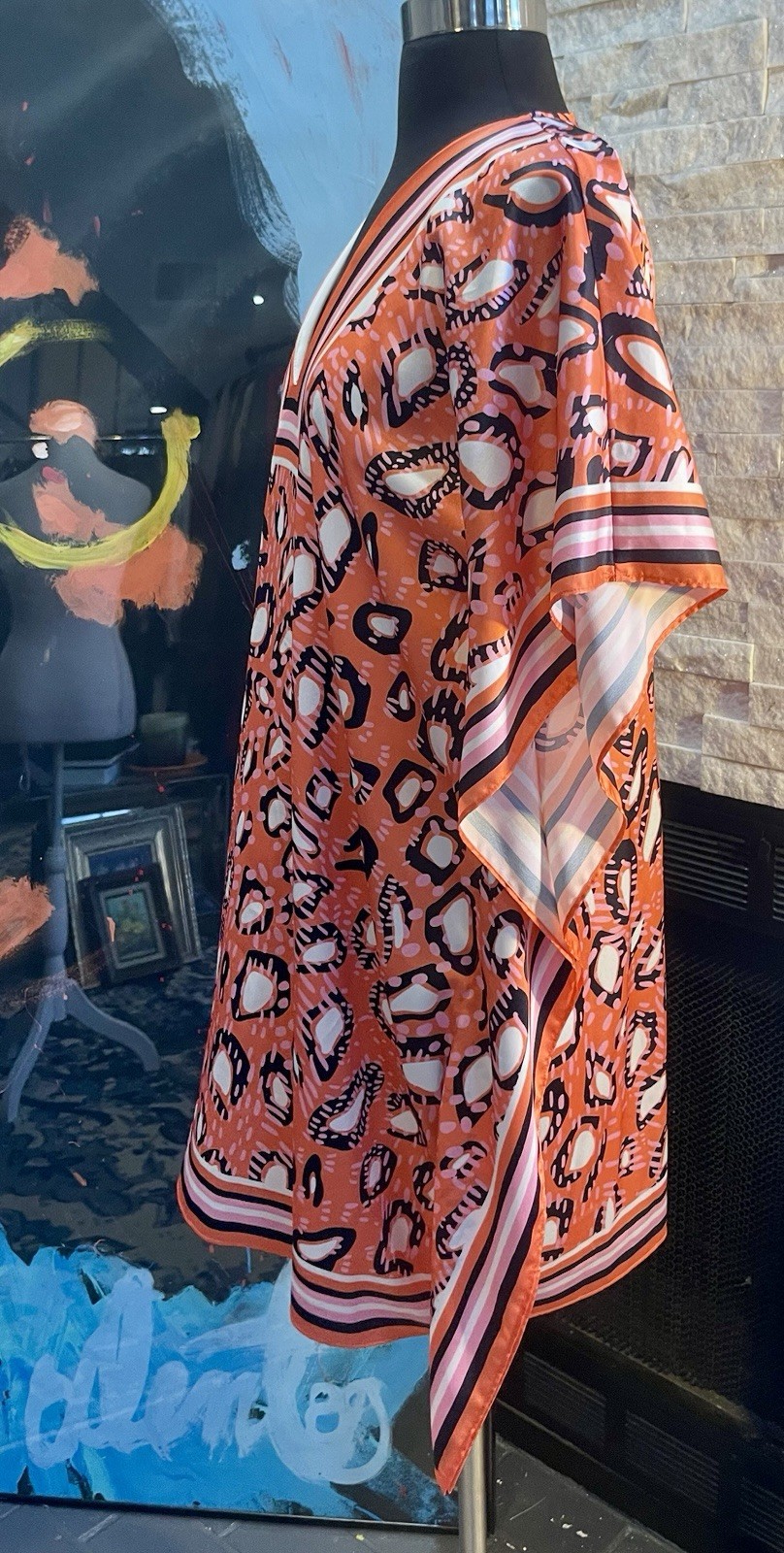 Orange Graphic Pattern Tunic Bat Wing Kimono Dres… - image 3