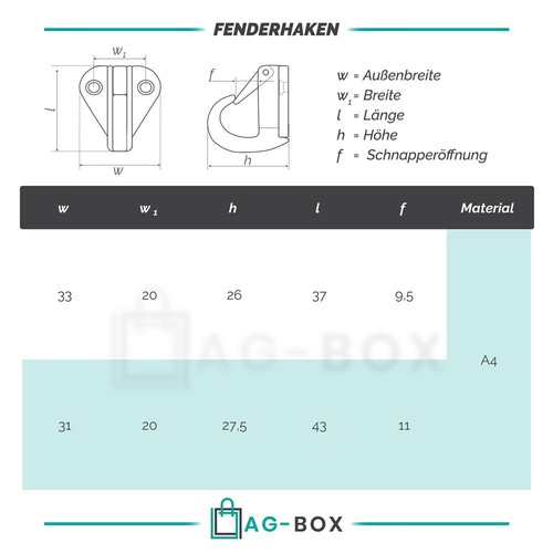 Edelstahl Fenderhaken Feinguss Schnapphaken Fenderhalter 37x33mm oder 43x31mm - Bild 2 von 8