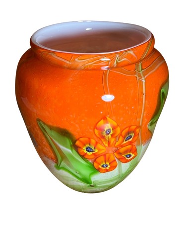 Vaso in vetro artistico stile Murano vintage arancione verde blu millefiori floreale 8,5 pollici - Foto 3 di 10