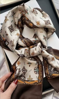 TASCHENSCHAL TUCH 40*140 HALSTUCH SCARF KUNSTSEIDE SILK FEELING BEIGE/BR ELEGANT