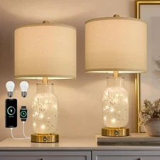 22" Glass Table Lamps Set of 2, White Modern Bedside Lamp with LED Night Ligh...