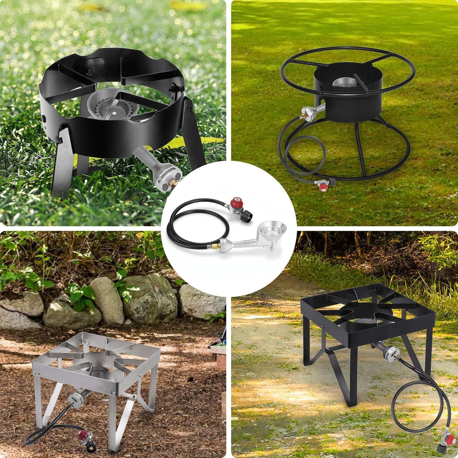 WADEO High Pressure Cast-Iron Round Burner Head, Propane Silver with Hose 