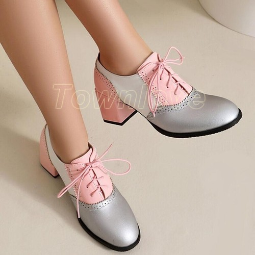 British Women's Carved Color Splice Brogue Lace Up Block Heels Casual Work Shoes - Picture 14 of 27