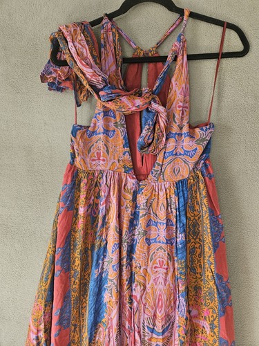 Maxi abito boho Free People irraggiungibile blu rosso aperto legato schiena floreale taglia 2 - Foto 9 di 11