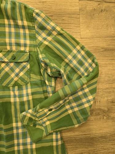 Duluth Trading Flannel Shirt Womens Large Blue Green Plaid Chest Pockets Roll Up - Picture 9 of 14