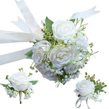 Bride Bouquet Wrist Corsage Groom Boutonniere Wedding Flower Party Decoration...