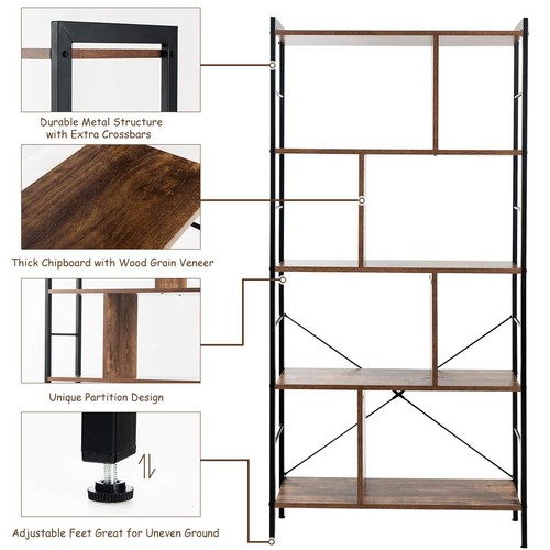 5-Tier Bookshelf, Industrial Style Bookcase with Metal Frame, Free Standing S... - Picture 4 of 9