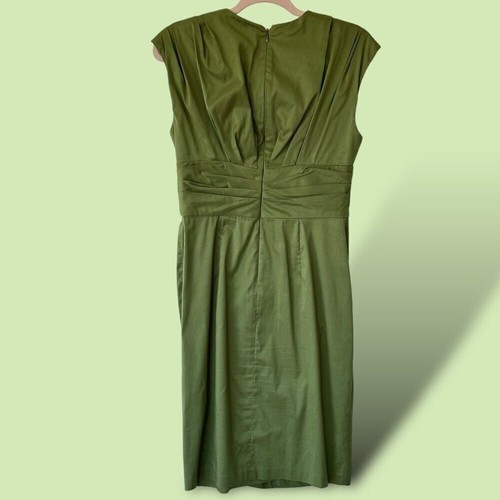 Suzi Chin Maggie Boutique Khaki Green Sheath Dress Pleated Cotton Blend Size 6 - Picture 3 of 13