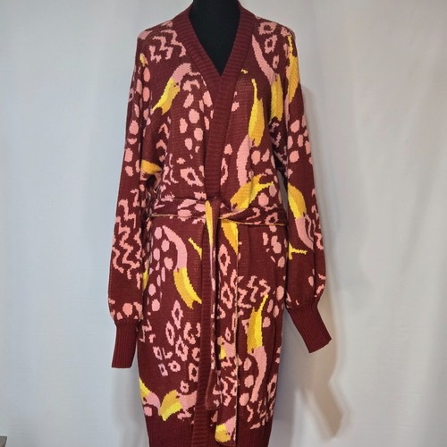 Farm Rio Toucan Cardigan Sweater Med NWT Oversized Maroon Statement Maximalist - Picture 2 of 11