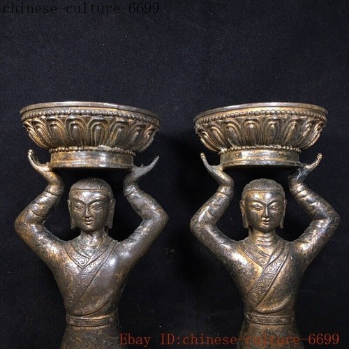 9" China Ancient Bronze Maid-in-waiting Candle Holder Candlestick A pair - Picture 2 of 9