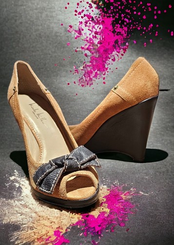 Nicole Miller Suede Leather Wedge Heel Peep-toe Pumps, Size 10, EUC Camel Brown - Picture 1 of 14