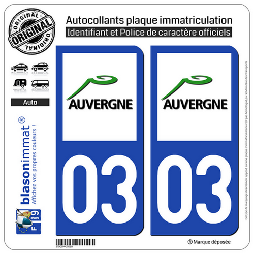 2 Stickers autocollant plaque immatriculation : 03 Auvergne LogoType - Picture 1 of 9
