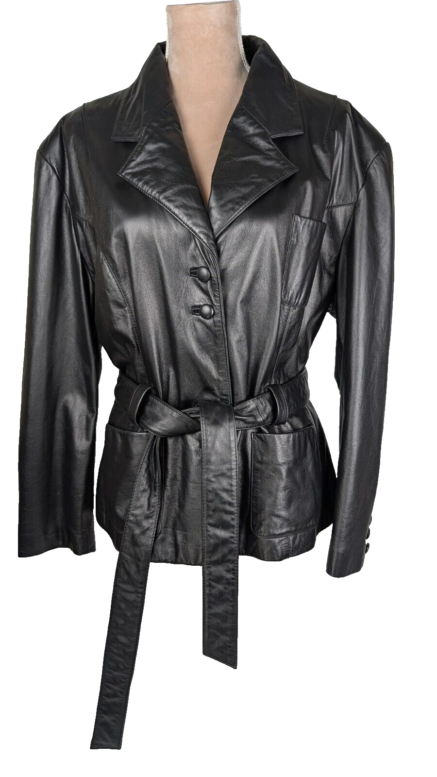 Vintage Wilsons Leather Trench Jacket Womens XL Black Belted Y2K Retro