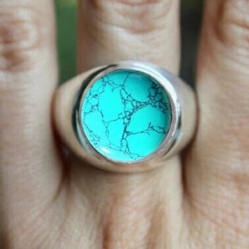 Solid 925 Sterling Silver Natural Blue Turquoise Gemstone Wedding Men's Ring - Picture 7 of 12
