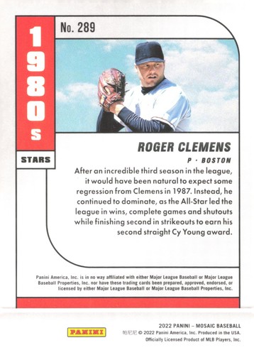 2022 Panini Mosaic - 1980's Stars Roger Clemens #289 - Picture 2 of 2