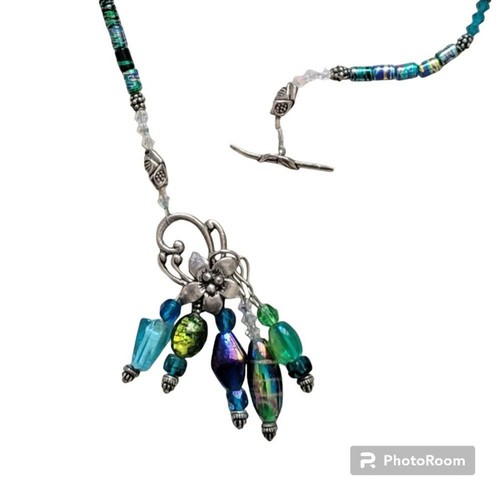 Handmade Beaded Mermaid Necklace with Silver Flower Toggle Clasp 24" - Picture 11 of 13