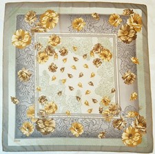 SCARF VINTAGE AUTHENTIC TURKEY ORKIDE FLORAL ART GRAY OCHER SILK 38" SQUARE