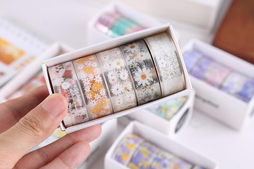 5 Rolls Floral Washi Tape Set PET Decorative Flowers Patterns Transparent Maskin - Picture 3 of 9