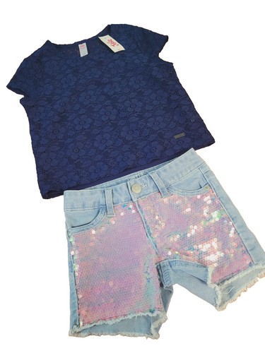 Girl's JUSTICE Blue T-shirt Line Lace & Denim Shorts Sequins Detail Size 7 - Picture 2 of 17