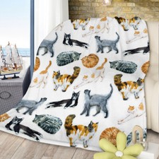 Types of Cats Pattern Flannel Fleece Blanket All-Season for Couch Sofa 50 60 in