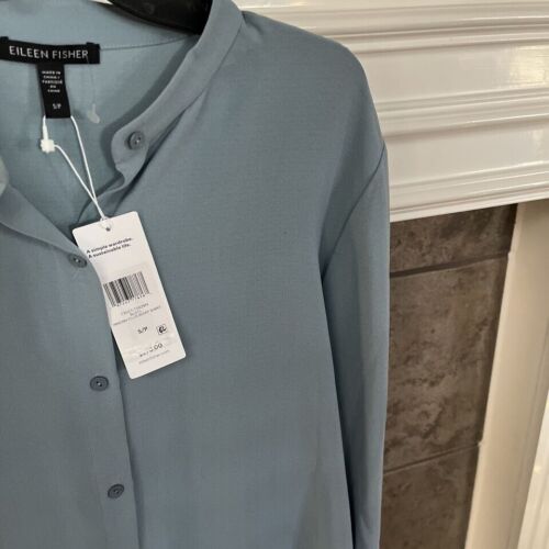 Nueva con etiquetas Camisa Eileen Fisher BlueSteel Seda Georgette Crepe Cuello Mandarín Talla S - Imagen 2 de 5