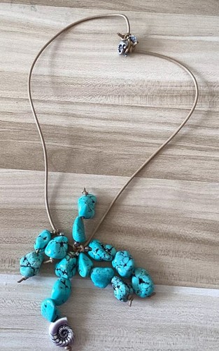 Statement Lucky Brand Necklace Faux Turquoise Chunks Silver Shell Tan Rope 20”L - Picture 5 of 13