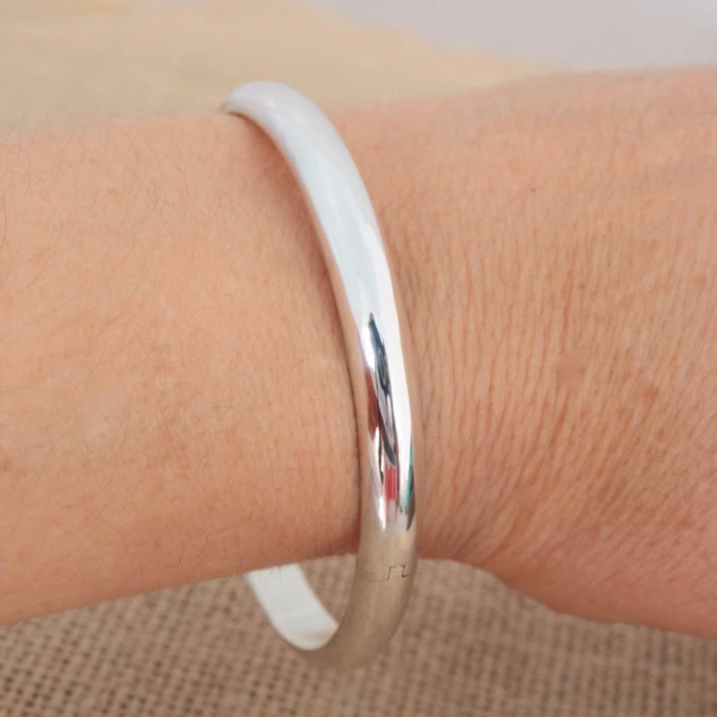 Plain 925 Sterling Silver D Shaped Hinged Bangle Bracelet Jewellery 7mm