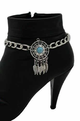 Women Western Boot Bracelet Silver Metal Chain Turquoise Shoe Feather Charm - Picture 3 of 11