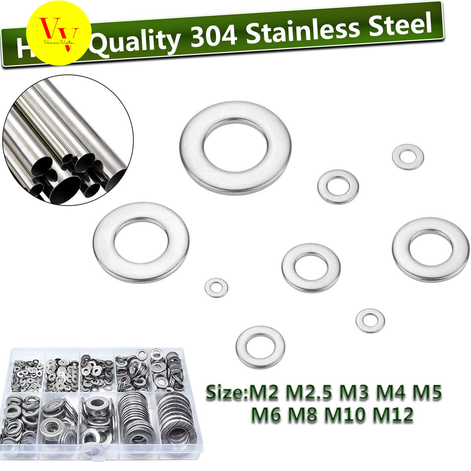 Flat Washer Assortment Set, 304 Stainless Steel Flat Washers Kit With