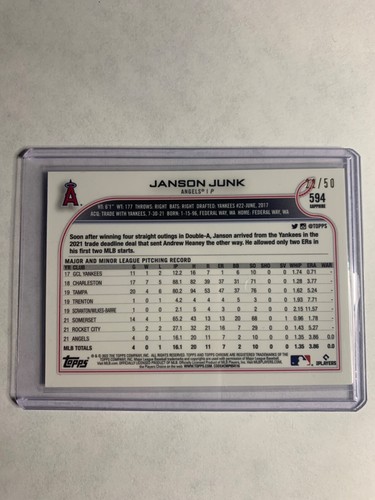 2022 Topps Chrome Sapphire Gold #594 Janson Junk #D /50 RC Angels - Picture 2 of 2