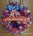 Deco Mesh Summer Patriotic Welcome Wreath 4th of July Medium size 17"