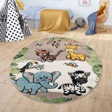 TT Home Kinderzimmer Teppich Dschungel Zoo Tiere Zebra Tiger Löwe Affe Beige Cre