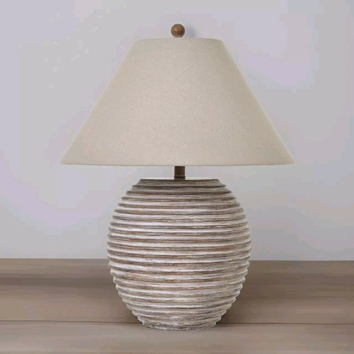 Large Modern Table Lamp with Linen Cone Shade Ribbed Brown Resin Base 70cm Tall - Picture 6 of 9