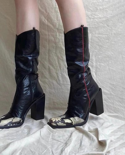 Western Runway Square Toe Womens Mid Calf Boots High Block Heels Snakeskin Print - Bild 13 von 15