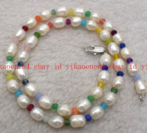 Natural Pretty 8-9mm White Rice Pearl 2x4mm Multicolor Jade Necklace 16-36in - Picture 10 of 12