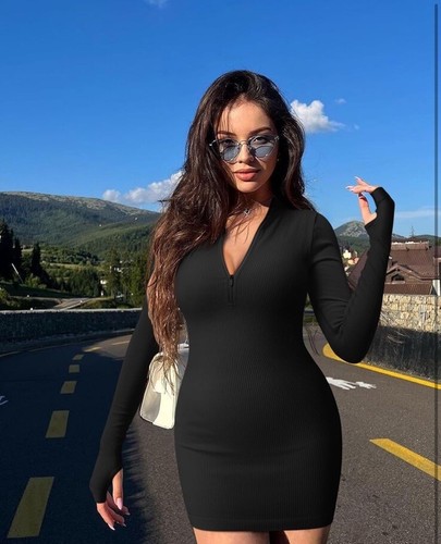 Women's 2 Piece Dresses Sexy Ribbed Zip Front Long Sleeve Tops Mini Dress Size S - Picture 2 of 5