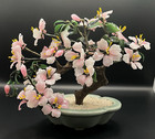 Vintage Asian Jade Glass Flowering Pink Cherry Blossom Bonsai Tree 10" x 9" Deco
