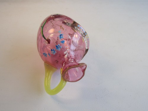 Antique 19c. Moser Cranberry Applied Raised FISH & Enamel Florals Petite Pitcher - Picture 5 of 12