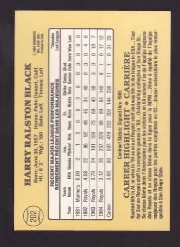 1985 Donruss Leaf Bud Black #202 Kansas City Royals - Picture 2 of 2