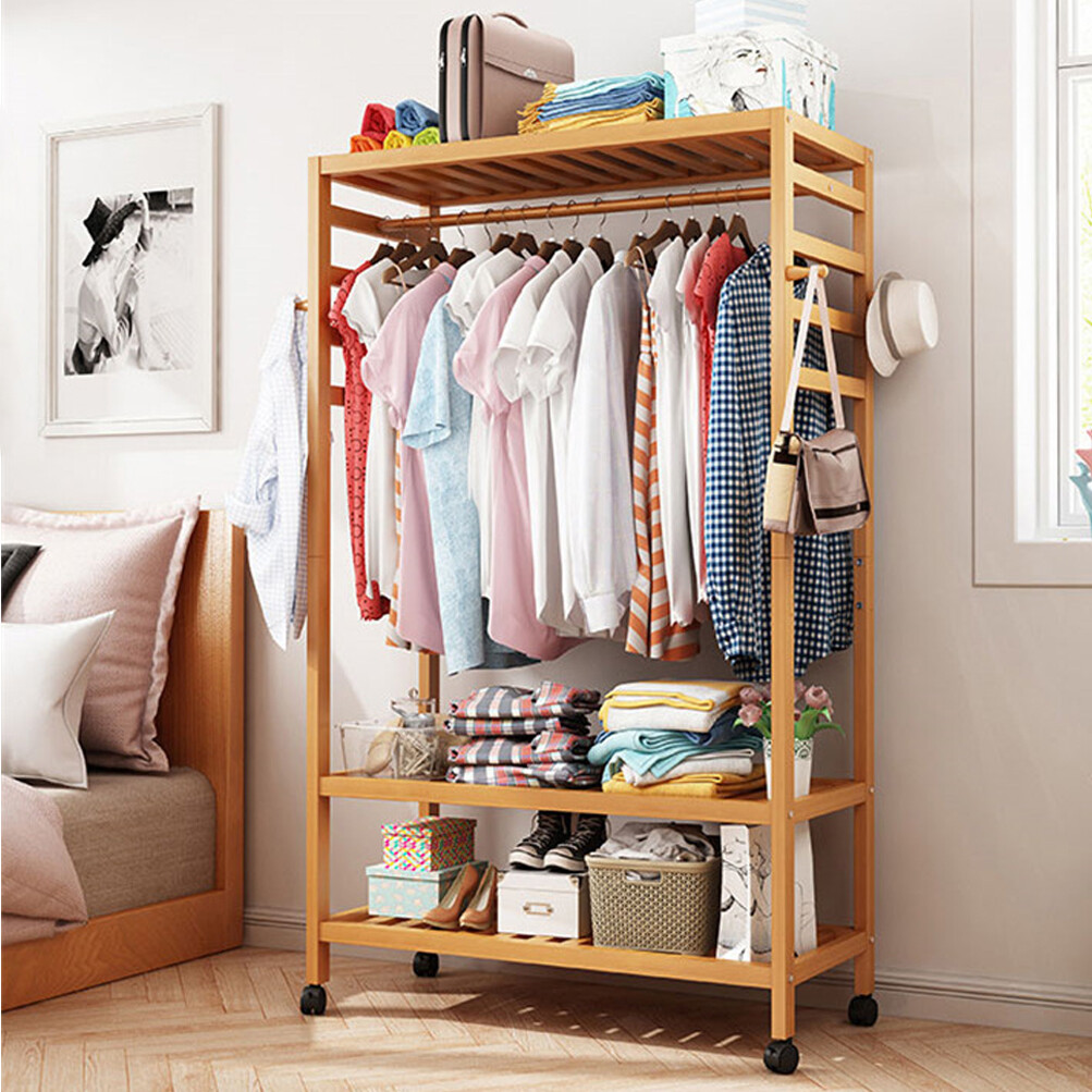 Wisfor Bamboo Garment Rack 3 Tier Coat Stand with Shelves Side Clothing Hangers Clothes Rack with Wheels Hat Shoe Storage Organiser for Entryway Laundry Room 78 x 41 x 169cm