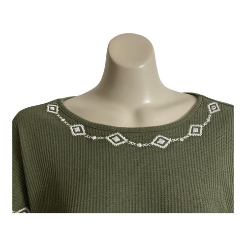 Cruel Denim Sz L 16AU Top 7/8 Bell Sleeves Waffle Knit Top Embroidery Trim Olive - Bild 5 von 11