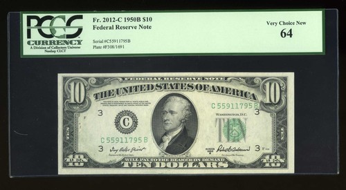 DBR 1950-B $10 Philadelphia Fr. 2012-C PCGS 64 Serial C55911795B - Picture 1 of 2