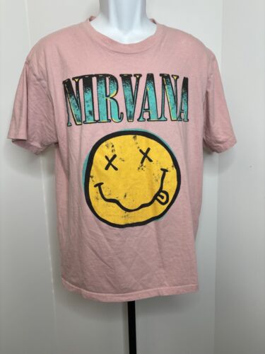 Vintage Style Nirvana Smiley Shirt Size S/M Oversized Band Grunge 90s Pink Tee - Picture 1 of 4