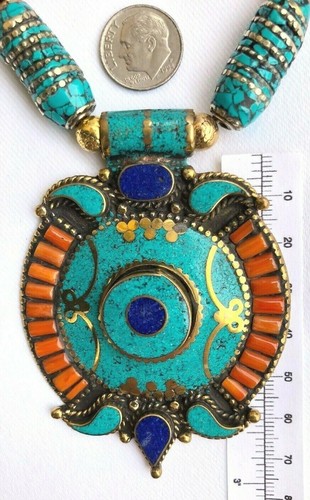 Turquoise Coral Nepal Pendant Inset Beads Gemstone Necklace One of a Kind - Picture 4 of 8
